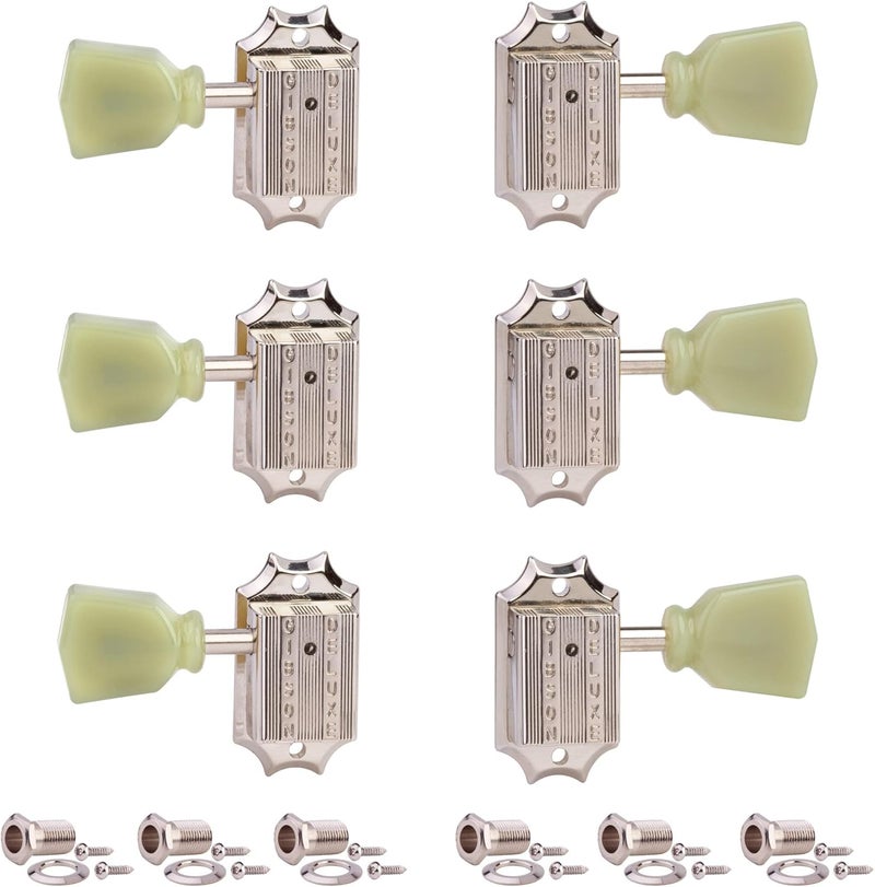 Tonebird Grover 135N Deluxe Vintage Guitar Tuning Machines Tuner Keys Nickel Set 3+3 14:1 Ratio "Green Key" Keystone Button with Dunlop Polish Cloth Bundle LP Les Paul Style Replacement Upgrade Tuners - Image 3